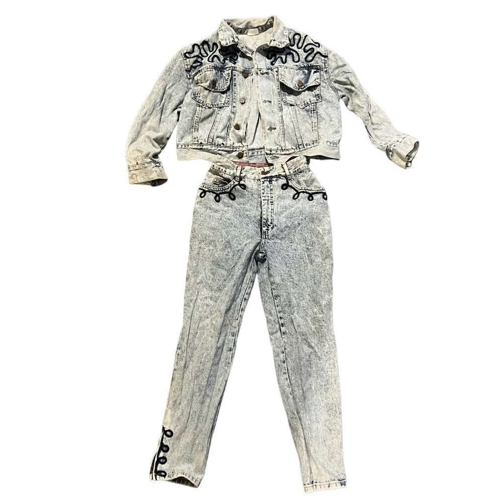 Vintage Bongo Denim Acid Wash Embroidered Jacket & Pants Set Size 5 & Small